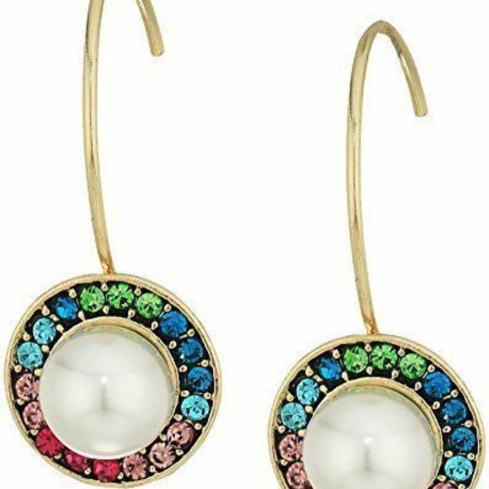 NWOT Betsey Johnson Gold Imitation Pearl & Rainbow Crystal Halo Drop Earrings